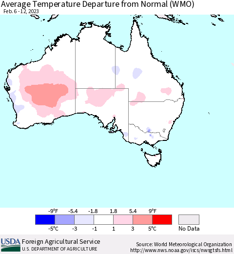 Australia Average Temperature Departure from Normal (WMO) Thematic Map For 2/6/2023 - 2/12/2023