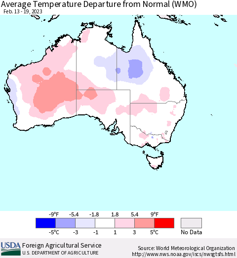 Australia Average Temperature Departure from Normal (WMO) Thematic Map For 2/13/2023 - 2/19/2023