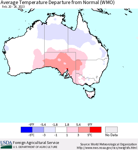 Australia Average Temperature Departure from Normal (WMO) Thematic Map For 2/20/2023 - 2/26/2023