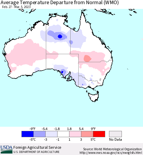 Australia Average Temperature Departure from Normal (WMO) Thematic Map For 2/27/2023 - 3/5/2023