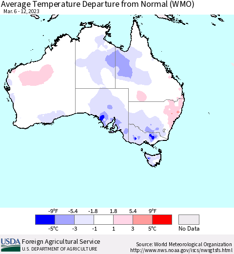 Australia Average Temperature Departure from Normal (WMO) Thematic Map For 3/6/2023 - 3/12/2023