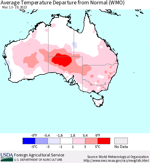 Australia Average Temperature Departure from Normal (WMO) Thematic Map For 3/13/2023 - 3/19/2023