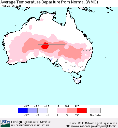 Australia Average Temperature Departure from Normal (WMO) Thematic Map For 3/20/2023 - 3/26/2023