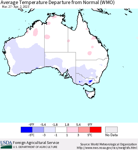 Australia Average Temperature Departure from Normal (WMO) Thematic Map For 3/27/2023 - 4/2/2023