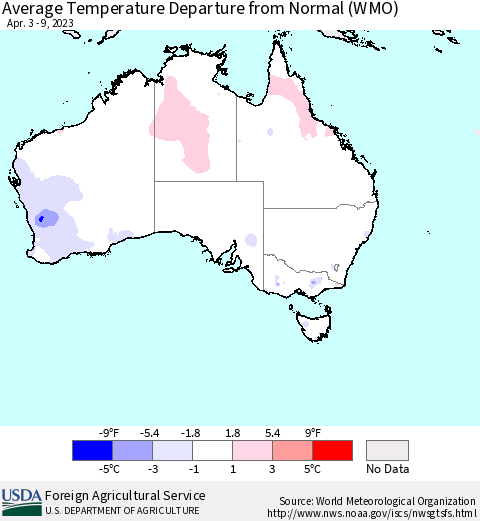 Australia Average Temperature Departure from Normal (WMO) Thematic Map For 4/3/2023 - 4/9/2023