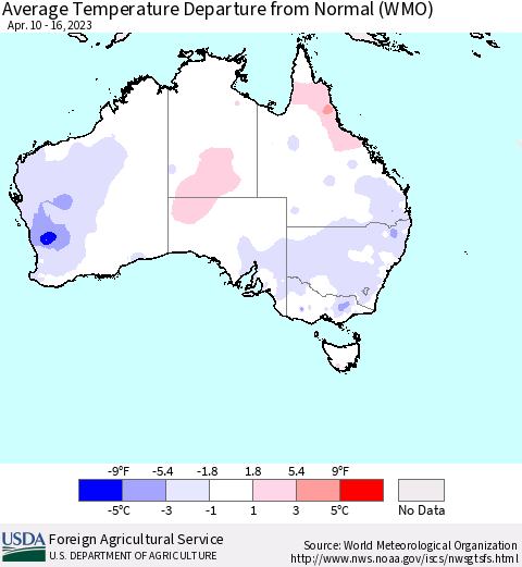 Australia Average Temperature Departure from Normal (WMO) Thematic Map For 4/10/2023 - 4/16/2023