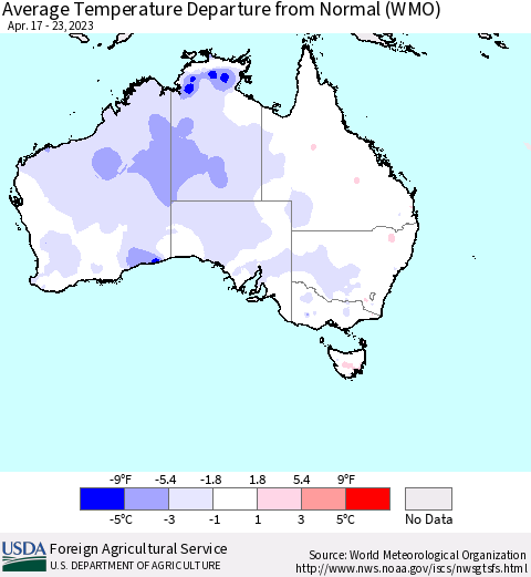 Australia Average Temperature Departure from Normal (WMO) Thematic Map For 4/17/2023 - 4/23/2023