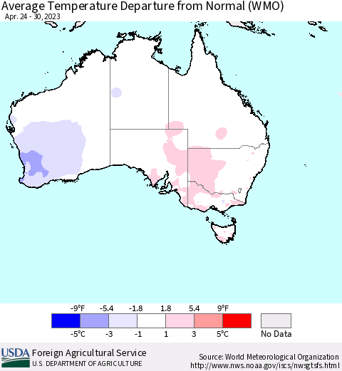 Australia Average Temperature Departure from Normal (WMO) Thematic Map For 4/24/2023 - 4/30/2023