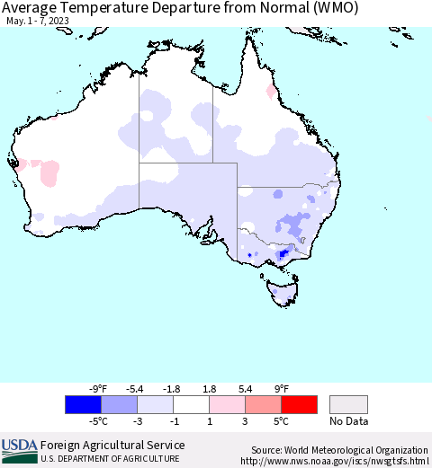 Australia Average Temperature Departure from Normal (WMO) Thematic Map For 5/1/2023 - 5/7/2023