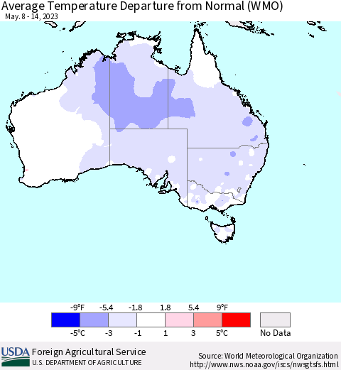 Australia Average Temperature Departure from Normal (WMO) Thematic Map For 5/8/2023 - 5/14/2023