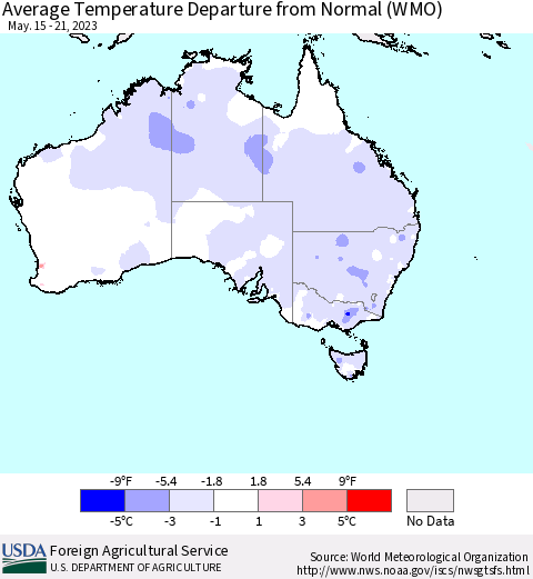Australia Average Temperature Departure from Normal (WMO) Thematic Map For 5/15/2023 - 5/21/2023