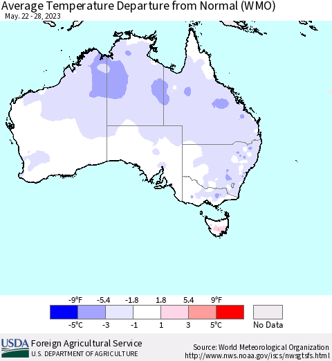 Australia Average Temperature Departure from Normal (WMO) Thematic Map For 5/22/2023 - 5/28/2023