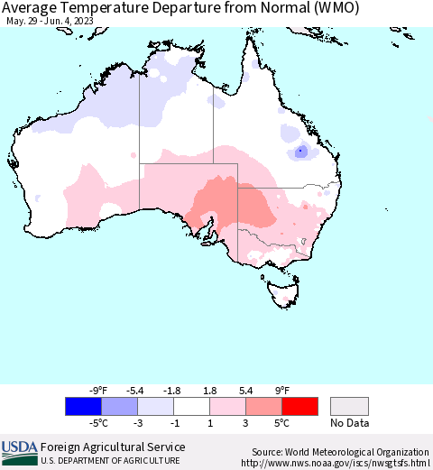 Australia Average Temperature Departure from Normal (WMO) Thematic Map For 5/29/2023 - 6/4/2023
