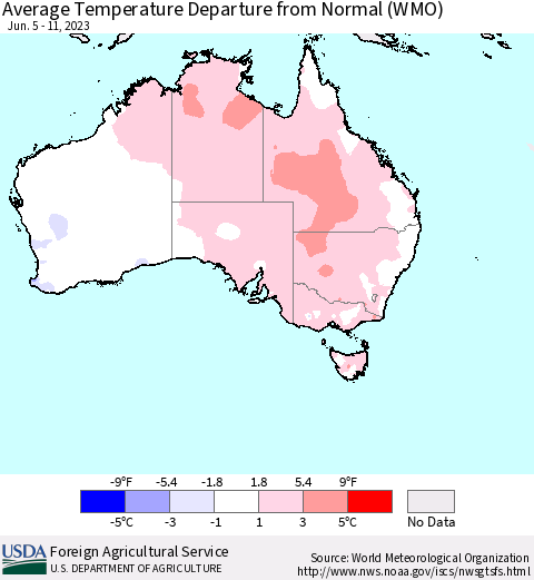 Australia Average Temperature Departure from Normal (WMO) Thematic Map For 6/5/2023 - 6/11/2023