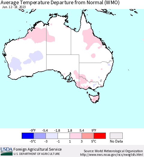 Australia Average Temperature Departure from Normal (WMO) Thematic Map For 6/12/2023 - 6/18/2023