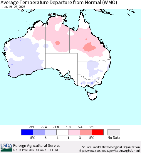 Australia Average Temperature Departure from Normal (WMO) Thematic Map For 6/19/2023 - 6/25/2023