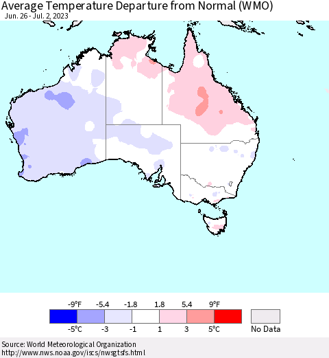 Australia Average Temperature Departure from Normal (WMO) Thematic Map For 6/26/2023 - 7/2/2023