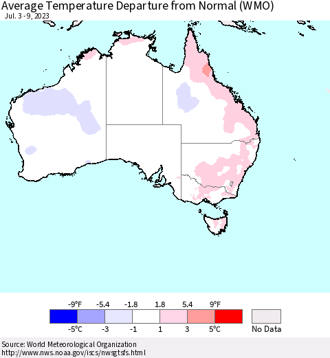 Australia Average Temperature Departure from Normal (WMO) Thematic Map For 7/3/2023 - 7/9/2023