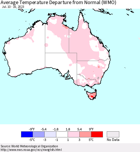 Australia Average Temperature Departure from Normal (WMO) Thematic Map For 7/10/2023 - 7/16/2023
