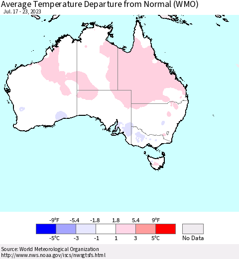 Australia Average Temperature Departure from Normal (WMO) Thematic Map For 7/17/2023 - 7/23/2023