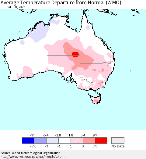 Australia Average Temperature Departure from Normal (WMO) Thematic Map For 7/24/2023 - 7/30/2023