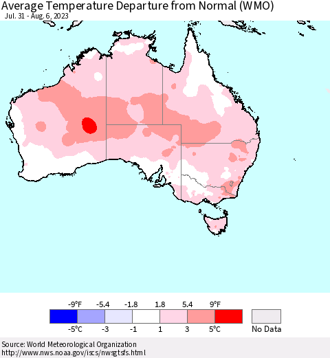 Australia Average Temperature Departure from Normal (WMO) Thematic Map For 7/31/2023 - 8/6/2023