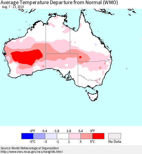 Australia Average Temperature Departure from Normal (WMO) Thematic Map For 8/7/2023 - 8/13/2023