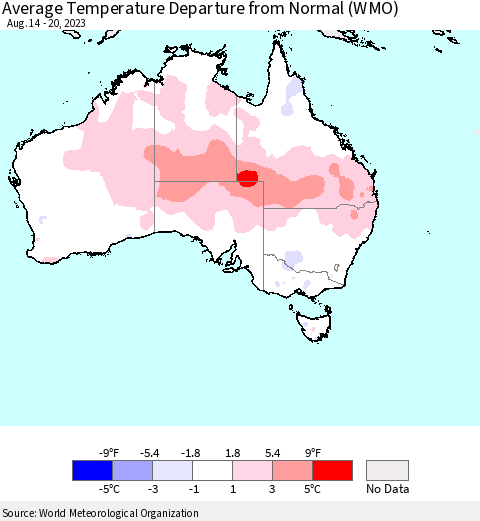 Australia Average Temperature Departure from Normal (WMO) Thematic Map For 8/14/2023 - 8/20/2023