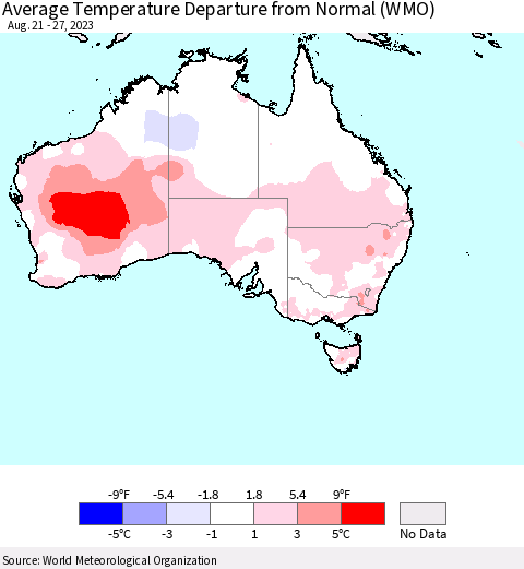Australia Average Temperature Departure from Normal (WMO) Thematic Map For 8/21/2023 - 8/27/2023