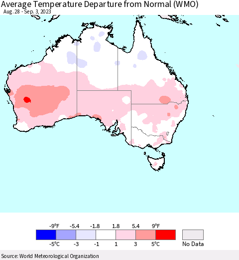 Australia Average Temperature Departure from Normal (WMO) Thematic Map For 8/28/2023 - 9/3/2023