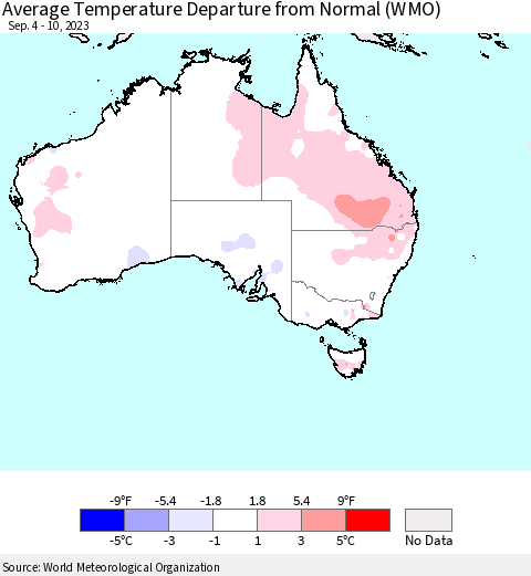Australia Average Temperature Departure from Normal (WMO) Thematic Map For 9/4/2023 - 9/10/2023