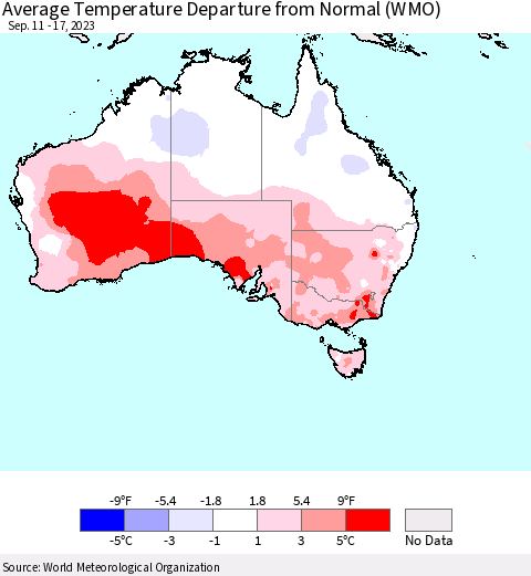 Australia Average Temperature Departure from Normal (WMO) Thematic Map For 9/11/2023 - 9/17/2023