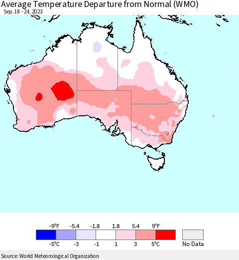 Australia Average Temperature Departure from Normal (WMO) Thematic Map For 9/18/2023 - 9/24/2023