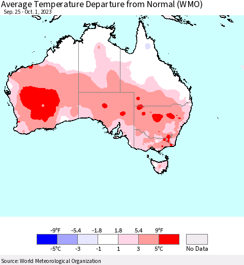Australia Average Temperature Departure from Normal (WMO) Thematic Map For 9/25/2023 - 10/1/2023