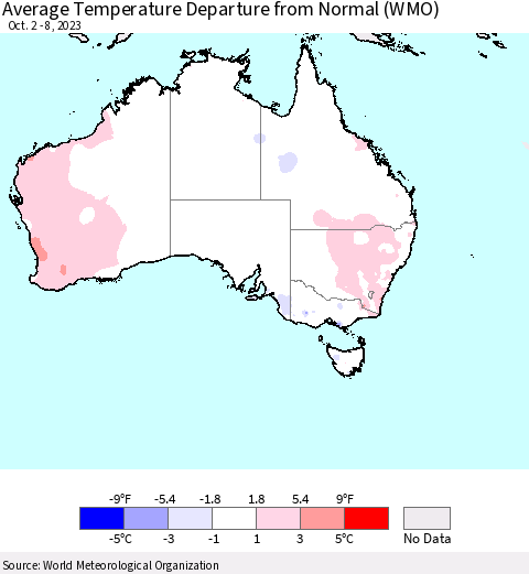 Australia Average Temperature Departure from Normal (WMO) Thematic Map For 10/2/2023 - 10/8/2023