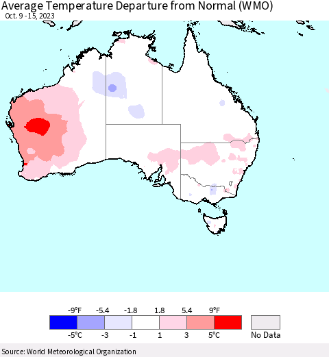 Australia Average Temperature Departure from Normal (WMO) Thematic Map For 10/9/2023 - 10/15/2023