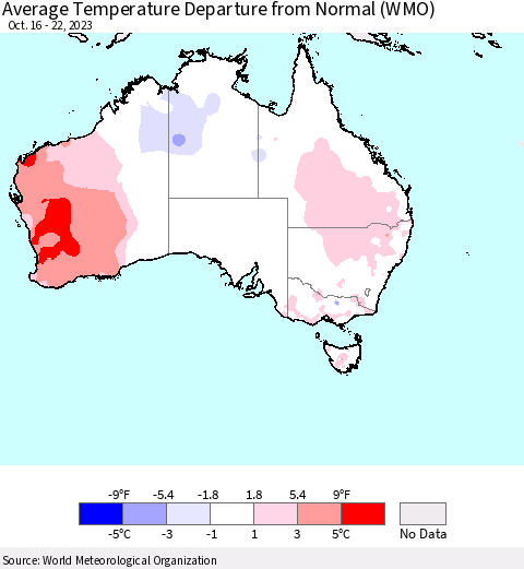 Australia Average Temperature Departure from Normal (WMO) Thematic Map For 10/16/2023 - 10/22/2023
