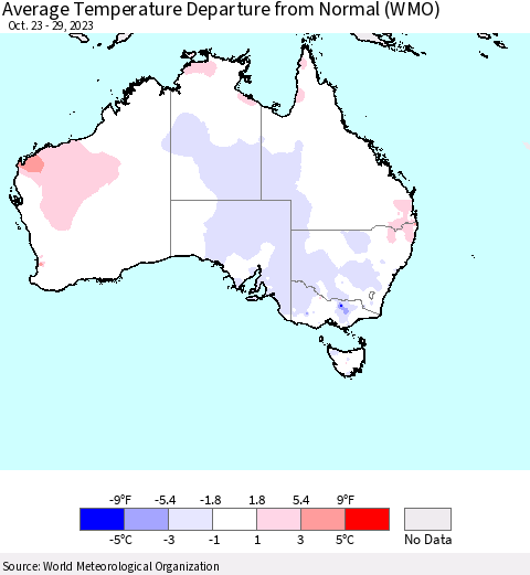Australia Average Temperature Departure from Normal (WMO) Thematic Map For 10/23/2023 - 10/29/2023