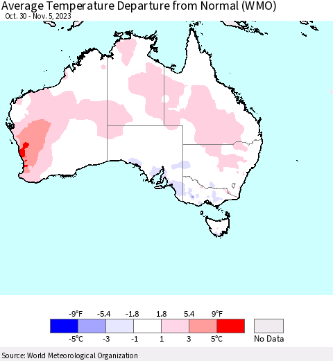 Australia Average Temperature Departure from Normal (WMO) Thematic Map For 10/30/2023 - 11/5/2023