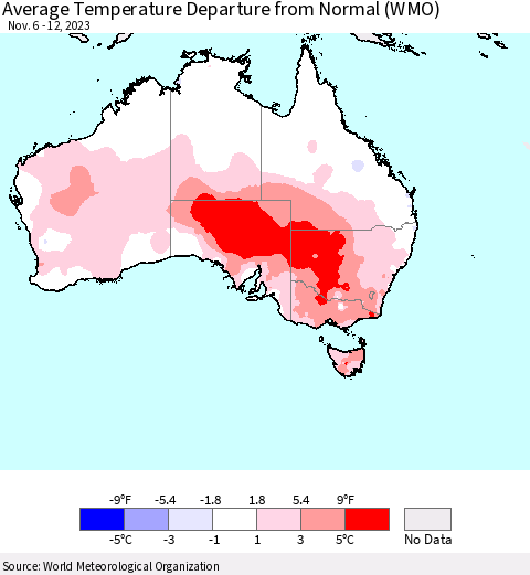 Australia Average Temperature Departure from Normal (WMO) Thematic Map For 11/6/2023 - 11/12/2023