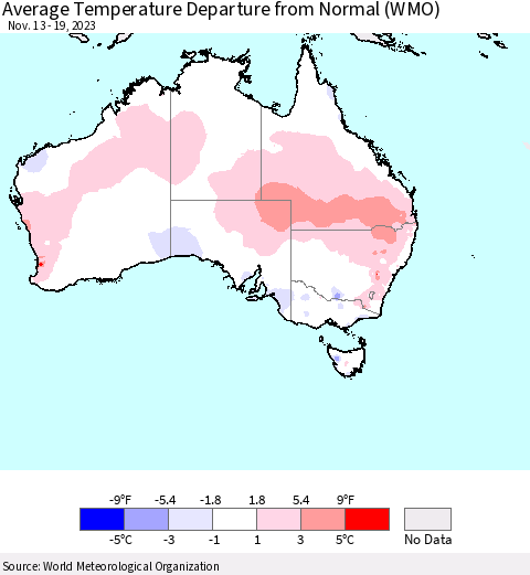 Australia Average Temperature Departure from Normal (WMO) Thematic Map For 11/13/2023 - 11/19/2023