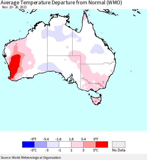 Australia Average Temperature Departure from Normal (WMO) Thematic Map For 11/20/2023 - 11/26/2023