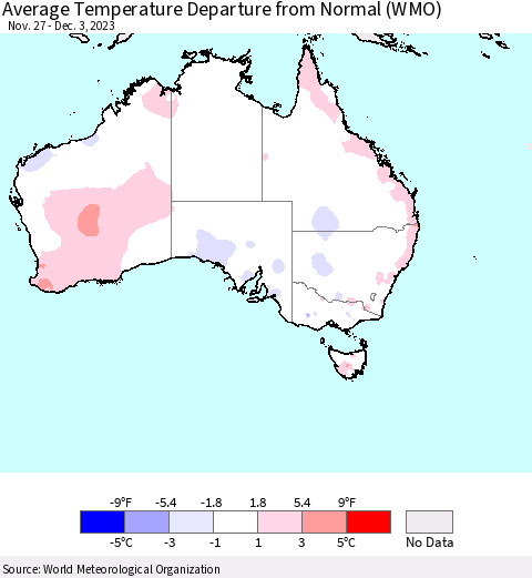 Australia Average Temperature Departure from Normal (WMO) Thematic Map For 11/27/2023 - 12/3/2023