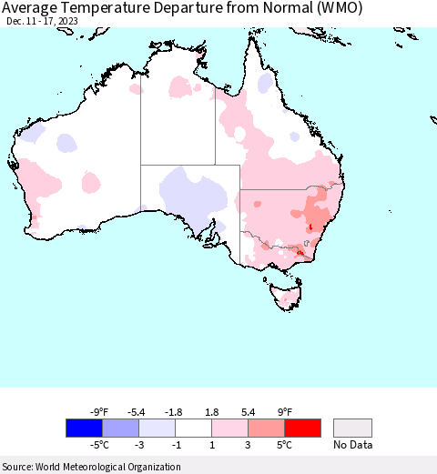 Australia Average Temperature Departure from Normal (WMO) Thematic Map For 12/11/2023 - 12/17/2023