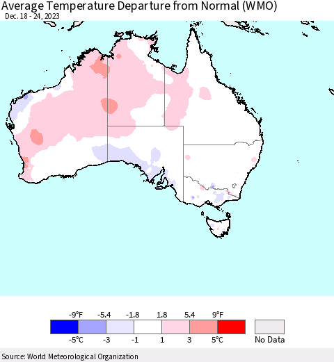 Australia Average Temperature Departure from Normal (WMO) Thematic Map For 12/18/2023 - 12/24/2023