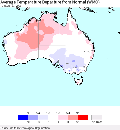 Australia Average Temperature Departure from Normal (WMO) Thematic Map For 12/25/2023 - 12/31/2023