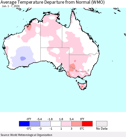 Australia Average Temperature Departure from Normal (WMO) Thematic Map For 1/1/2024 - 1/7/2024