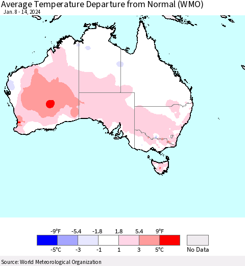 Australia Average Temperature Departure from Normal (WMO) Thematic Map For 1/8/2024 - 1/14/2024