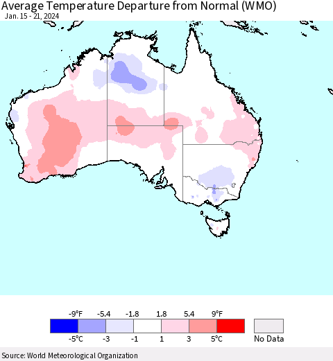 Australia Average Temperature Departure from Normal (WMO) Thematic Map For 1/15/2024 - 1/21/2024