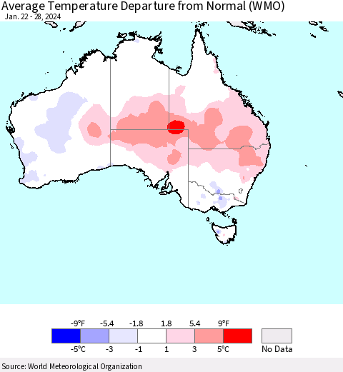 Australia Average Temperature Departure from Normal (WMO) Thematic Map For 1/22/2024 - 1/28/2024